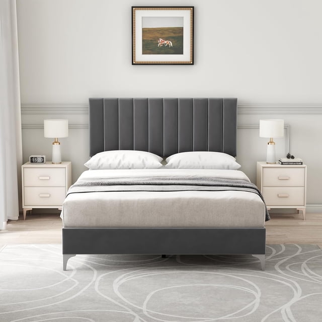 Full Adjustable Headboard and Wooden Slats Support, Upholstered Bed Frame with 4 Storage Drawers, No Box Spring Needed, Easy to Assemble, Bedroom, Grey