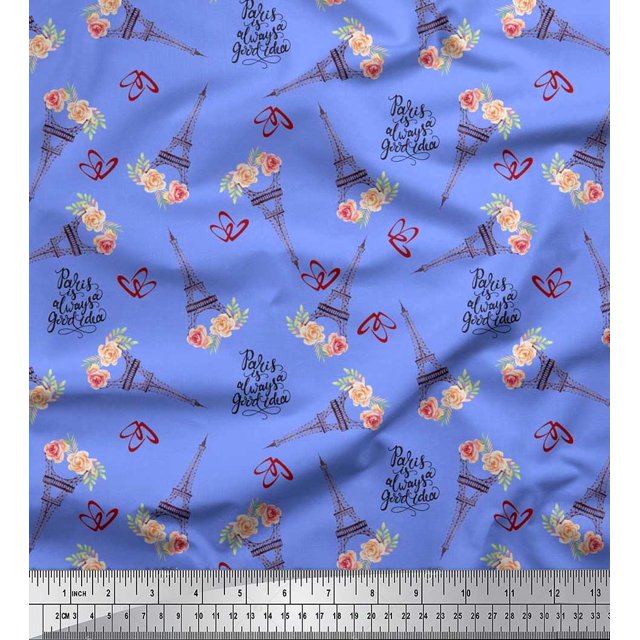 Soimoi Viscose Chiffon Fabric Text,Floral & Eiffel Tower Architectural Print Fabric by Yard 42 Inch Wide