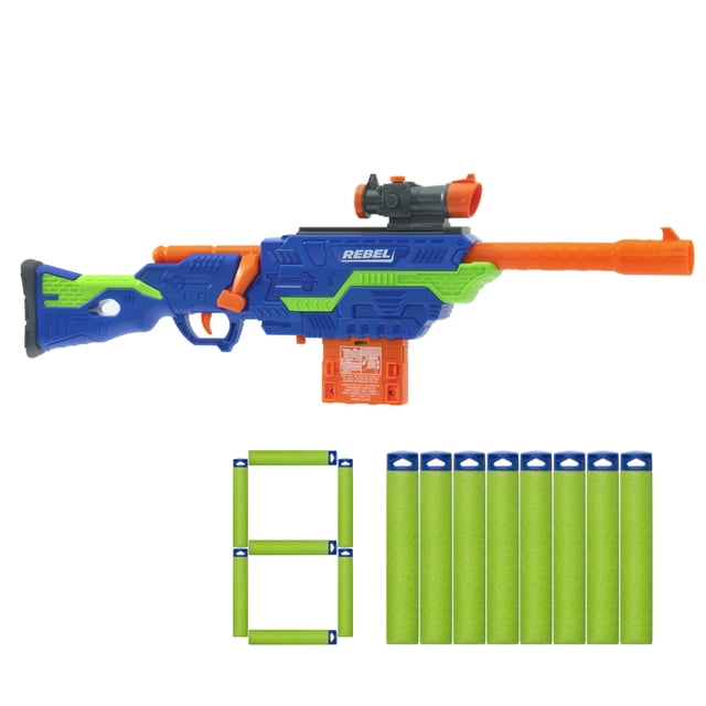 Adventure Force Rebel Foam Dart Blaster Set, Bolt-Action Clip-Fed Design, 1 Blaster with 8 Accu-Blast Darts, Clip and Detachable Scope, Compatible with Most Standard Nerf Blasters, Ages 8+