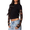 thumbnail image 2 of Women'S T-Shirt Slim Fit Lace Panel Sleeves Crop Top with Thumb Hole Round Neck Y2K Style for A Trendy Look Black S, 2 of 7