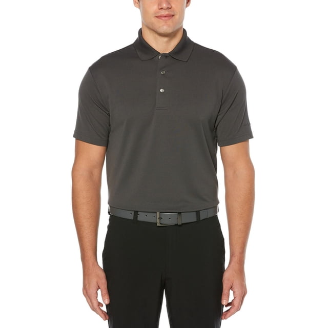 Men's Performance Easy Care Solid Short Sleeve Polo Shirt in grey, front-facing with a classic collar and three-button placket. Features moisture-wicking, sun-protective fabric and stretch seams for mobility, paired with black pants and a grey belt, suitable for golf and casual wear.