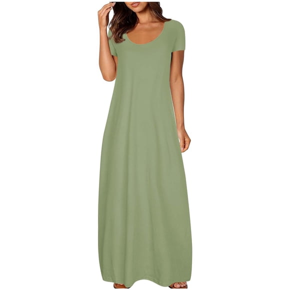 Tumotour Summer Dresses for Women Long Flowy Maxi Dress Round Neck Short Sleeve Solid Color Plus Size Sundress Swing Dresses for Casual Beach Going Out Party Date Vocation