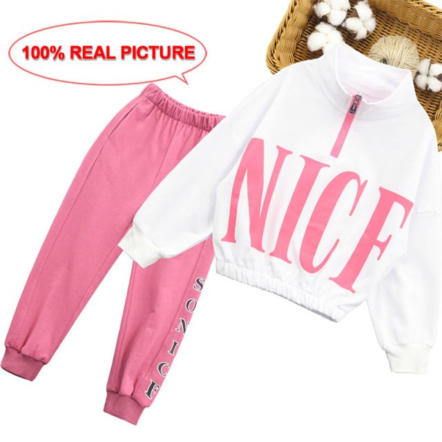 AAMILIFE Girls Sport Clothes Set Sweatshirt + Pants Letter Pattern Print Teenage Tracksuit