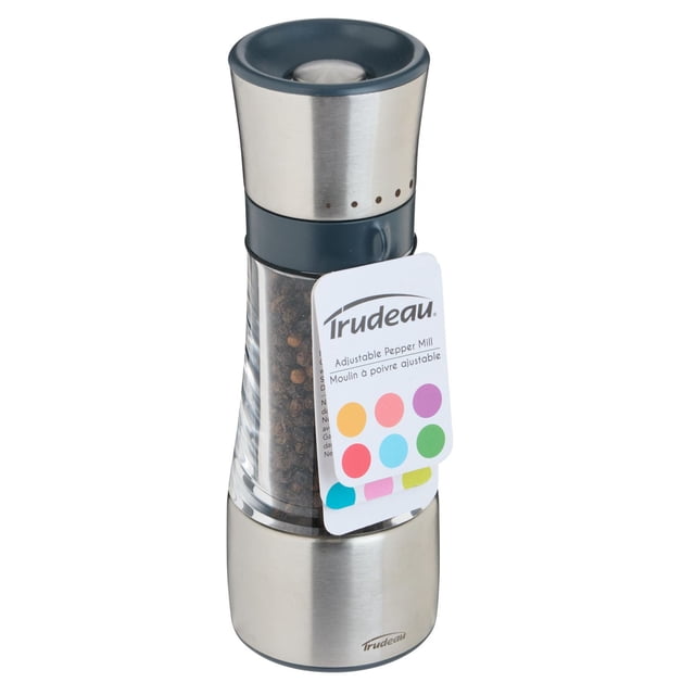 Trudeau 7" Adjustable Pepper Mill with brushed stainless steel body and clear acrylic window showing whole peppercorns, black top with five grind levels for customizable seasoning, featuring a corrosion-resistant ceramic grinder for smooth use.