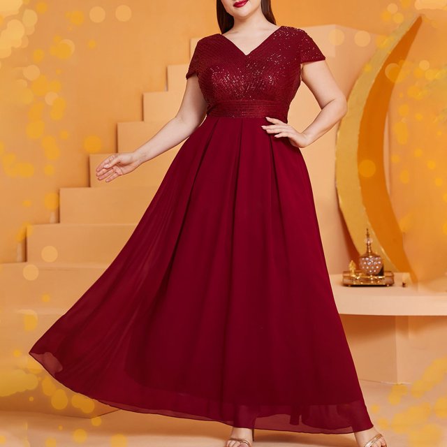 Ovzne Robes Grande Taille pour Femmes aux Formes Robe pour Femme Robe Grande Taille pour Femme Longue en Mousseline à Col en V Robe à Manches Courtes Jupe de Robe Robe Maxi Grande Taille Robes Longues à Manches Courtes Transparent