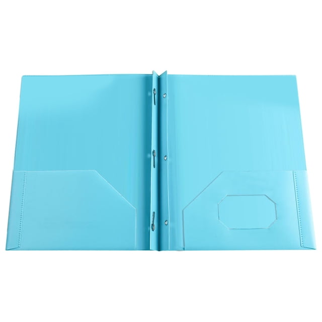 Light blue plastic folder with pockets, letter size, ideal for organizing documents in office or school settings. This heavy-duty portfolio includes a card slot and durable binding, suitable for professional and academic use.
