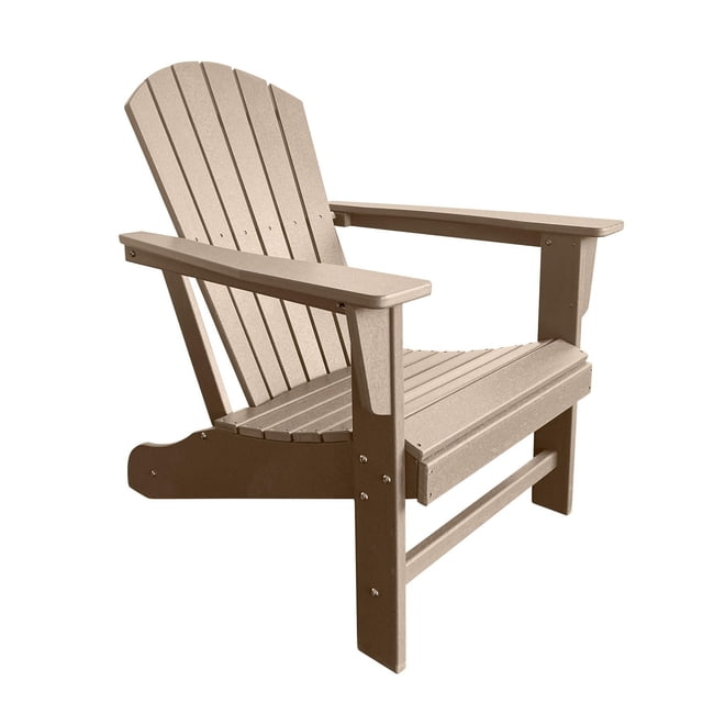 Traditional Resin Wood Adirondack Chair in weathered brown with a 6-slat contoured backrest, gently reclined seat, extra wide 5-inch armrests, UV and fade-resistant HDPE material, and rust-resistant hardware, designed for durable outdoor patio seating and suitable for relaxing in garden spaces.