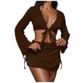 thumbnail image 1 of FRSASU Women's 4 Piece Swimsuit Fishnet Triangle Halter String Bikini Set with Cover up Top Skirt Split Swimsuit Set Brown M(M), 1 of 6