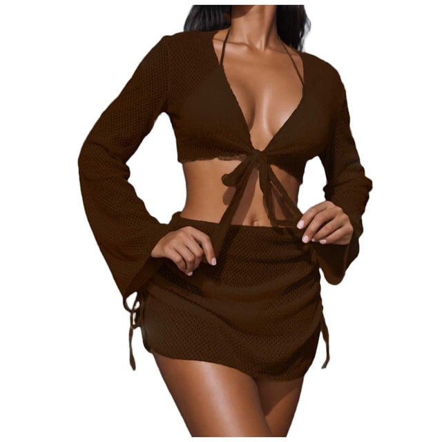 FRSASU Women's 4 Piece Swimsuit Fishnet Triangle Halter String Bikini Set with Cover up Top Skirt Split Swimsuit Set Brown M(M)