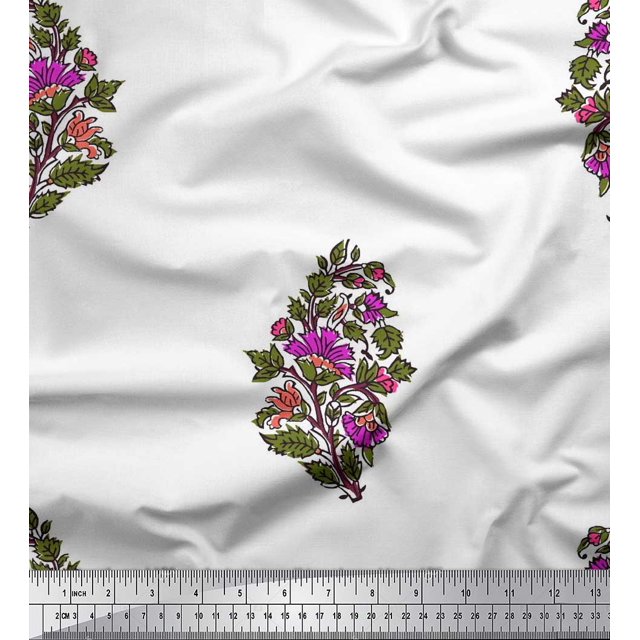 Soimoi Poly Georgette Fabric Leaves & Floral Block Print Fabric by The Yard 52 Inch Wide