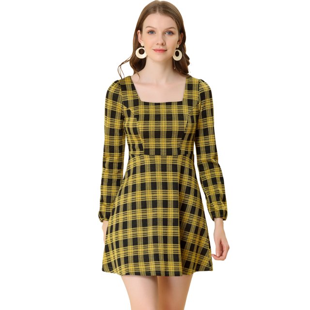 INSPIRE CHIC Robe à Carreaux Ligne A à Encolure Carrée à Manches Longues d'Automne pour Femme P Noir-Jaune