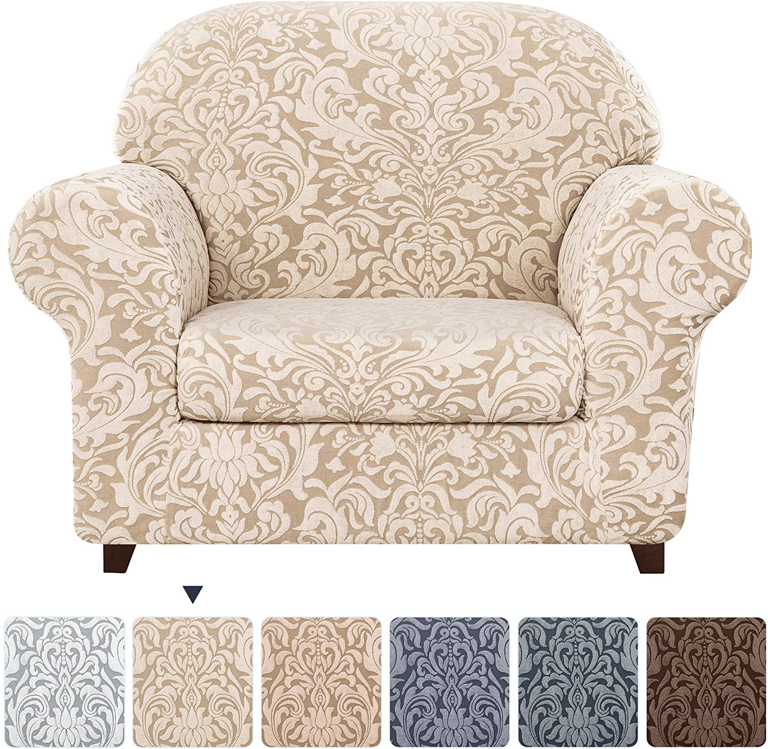 Subtrex Stretchy 2-Piece Washable Armchair/Lovesaet/Sofa/XL-Sofa Slipcover, Jacquard Damask Pattern