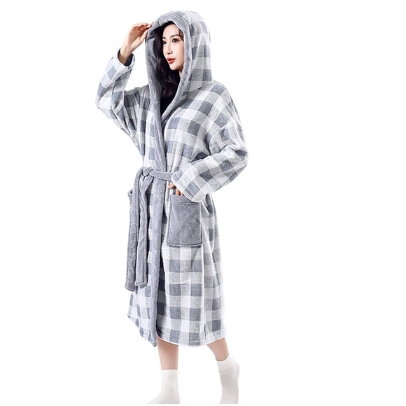 HAiming Robe for Women Long Hooded Bathrobe Warm Cloth Thickened Fleece Plaid Loungewear Spa Bath Robe with Pockets