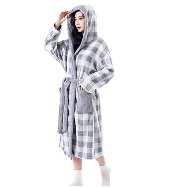 HAiming Robe pour Femmes Longue Peignoir à Capuche en Tissu Chaud Épaissi en Molleton à Carreaux Tenue d'Intérieur Peignoir de Spa avec Poches