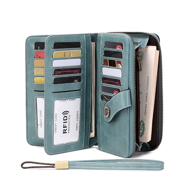 Kingswick Portefeuille Grande Capacité pour Femmes avec 23 Porte-Cartes et 2 Fenêtres pour Pièces d'Identité, Fabriqué en Cuir Véritable Turquoise avec Technologie de Blocage RFID. Comprend Plusieurs Fentes pour Cartes, Compartiments pour Billets, Rangement pour Téléphone et une Dragonne Détachable pour Servir de Pochette-Portefeuille.