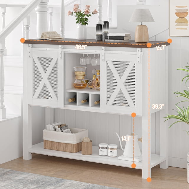 GloryStar Coffee Bar Sideboard Cabinet Storage with Wine Rack and Glass Holder, Console Table with Sliding Barn Doors, for Living Room, Dining Room,Liquor Bar