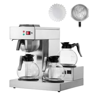 KFFKFF 12 Cups Commercial Drip Coffee Maker, Coffee Maker Machine with 3 Glass Carafes and 3 Warmer Plates, Stainless Steel Pour Over Coffee Brewer with Auto Water Intake, for Restaurant Office Cafe