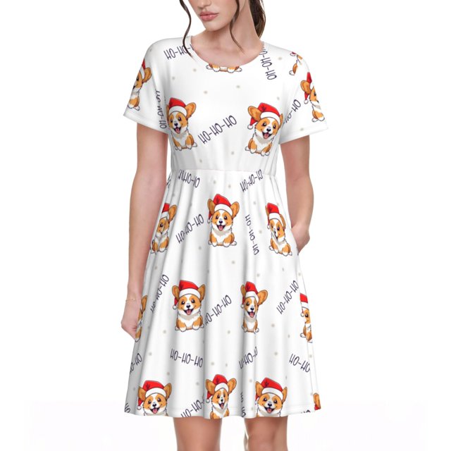 Vsdgher Corgi avec Chapeau du Père Noël pour Femmes Été 2025 Robes Midi Maxi Décontractées Légères à Manches Courtes à Col Rond Robe de Plage