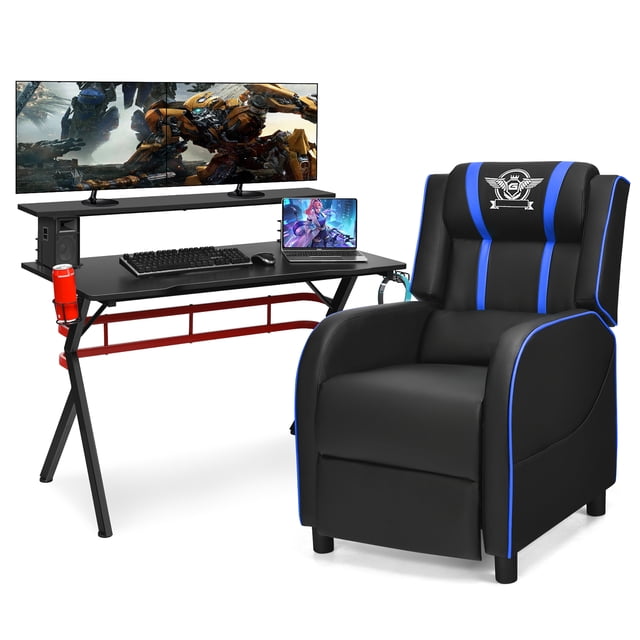 Costway Gaming Desk & Chair Set 48" Computer Desk & Massage Recliner Chair Black + Blue