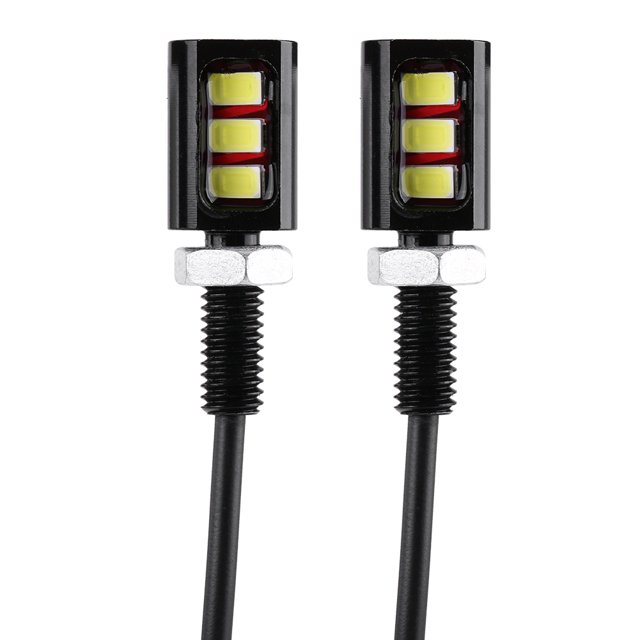 Herwey 2x 12V Universal Car Motorcycle License Number Plate Screw Bolt Light Lamp featuring a pair of compact aluminum lights with three bright LED bulbs for maximum visibility. The lights are black with visible wiring and threaded bolts for easy installation. Suitable for 12V cars and motorcycles, these lights offer low power consumption, energy efficiency, and a long service life. Available in multiple light colors, including white, blue, red, and yellow.