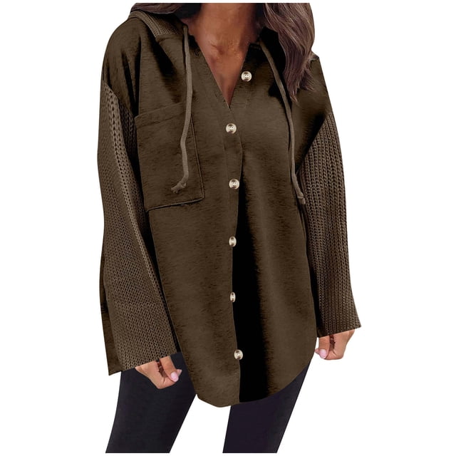 Swstbby Soldes d'Automne! Hauts d'Automne pour Femmes Grande Taille, Chandail à Capuchon à Manches Longues Patchwork Contrasté Décontracté Café L