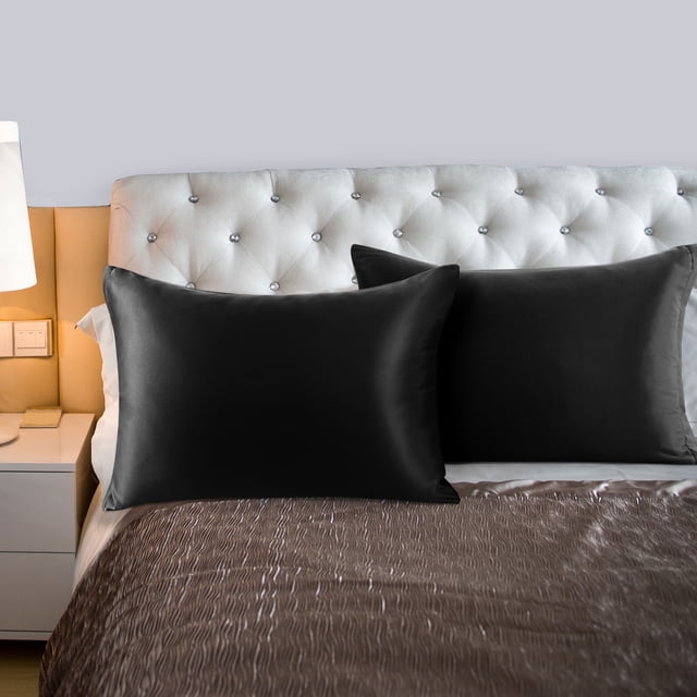 PiccoCasa 2 Pcs Satin Pillowcase Zippered Silky Sateen, Standard Black