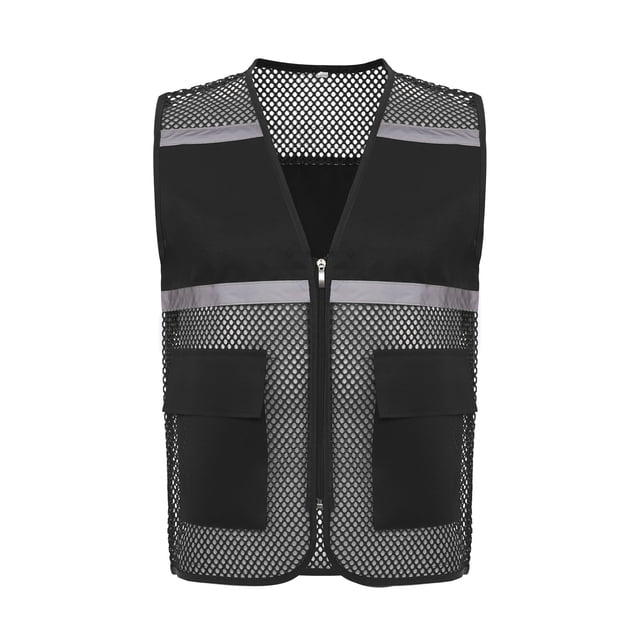 RUNQHUI Men Women Zipper High Visibility Reflective Safety Vest Construction Work Mesh Fabric Work Clothes Black 165