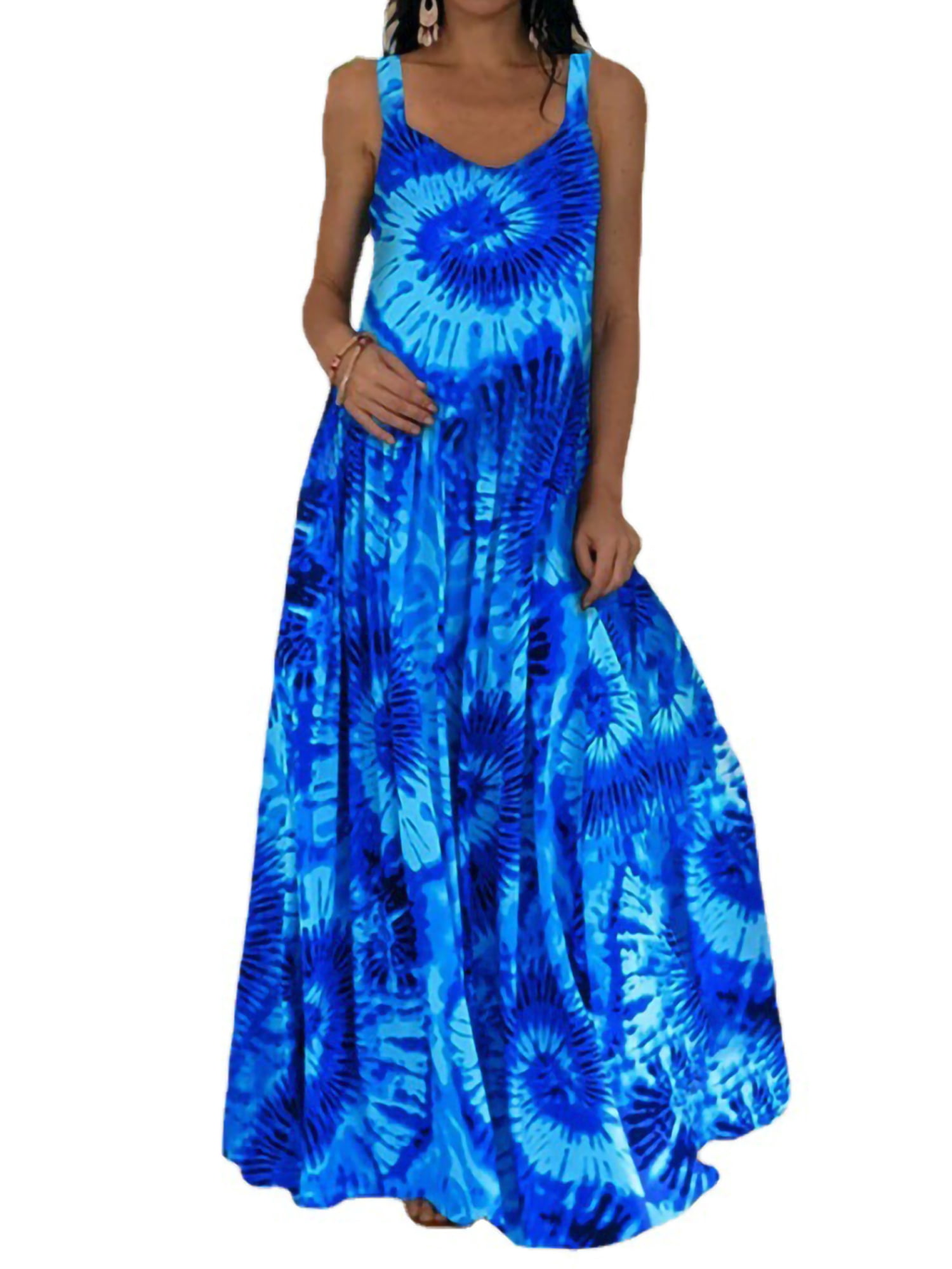 Innerwin Robe d'Été de Plage, Imprimé Floral, Robe Maxi pour Femmes, Vacances, Teinture sur Nœuds, Ligne A, Longue, Bleu, P