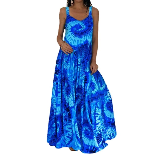 Innerwin Robe d'Été de Plage, Imprimé Floral, Robe Maxi pour Femmes, Vacances, Teinture sur Nœuds, Ligne A, Longue, Bleu, M