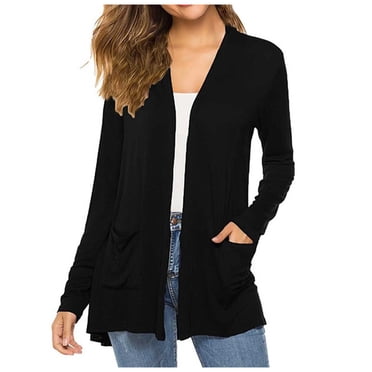 WUANDIXFA Ladies Sweaters Cardigans Women Lightweight Cardigan Sweaters with Pocket Long Sleeve Casual Solid Color Open Front Cardigan Black,M