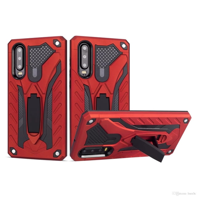 Huawei P30 Lite Armor Kickstand Hard Case in a rugged red and black design. This heavy-duty military-grade protective phone case features a dual-layer silicone and hard polycarbonate hybrid construction for shock and drop protection. The case includes a built-in kickstand for convenient media viewing and a rubberized texture for enhanced grip. Designed for easy access to all buttons and ports, it is shown in multiple angles, including a view with the kickstand extended.
