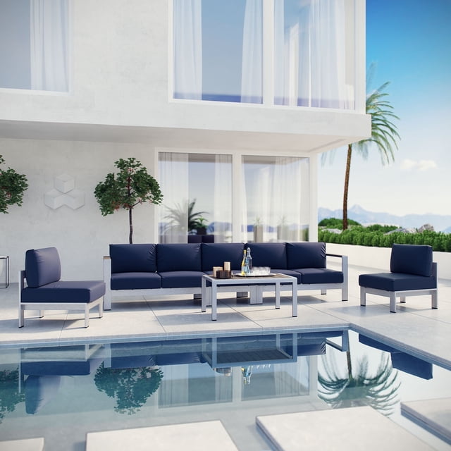 Modway Shore Sectionnel de Mobilier de Patio Extérieur en Aluminium, 6 Pcs, Bleu Marine