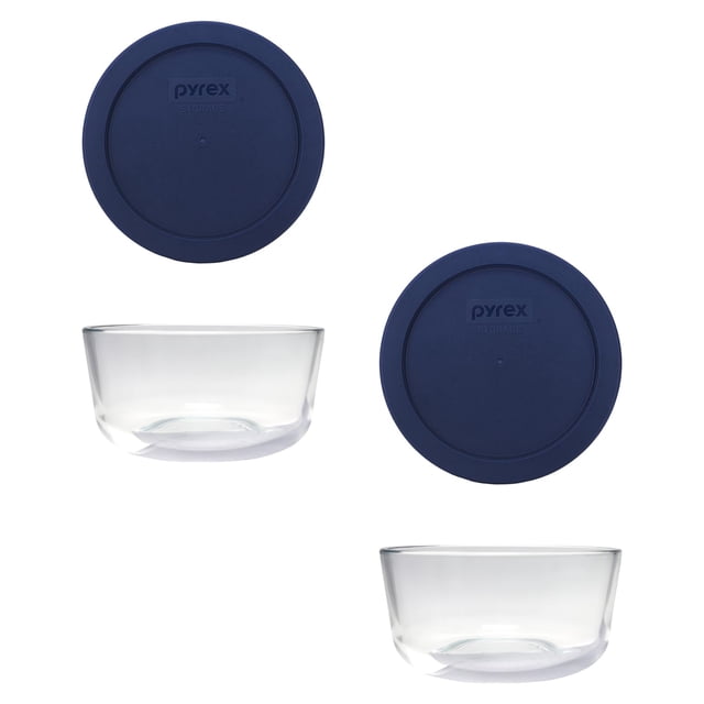 Pyrex Plat Rond de Rangement 4 Tasses avec Couvercle en Plastique Bleu Foncé, Transparent (Lot de 2 Contenants)