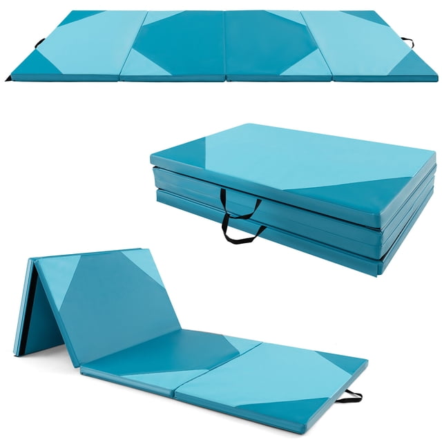 Gymax 10' x 4' x 2'' 4-panel folding gymnastics exercise mat in blue, crafted with high-density EPE foam for cushioning and a skin-friendly PU surface for comfort. Includes hook and loop fasteners for secure connections and a foldable design with handles for portability. Ideal for gymnastics, yoga, martial arts, stretching, and children's safety.