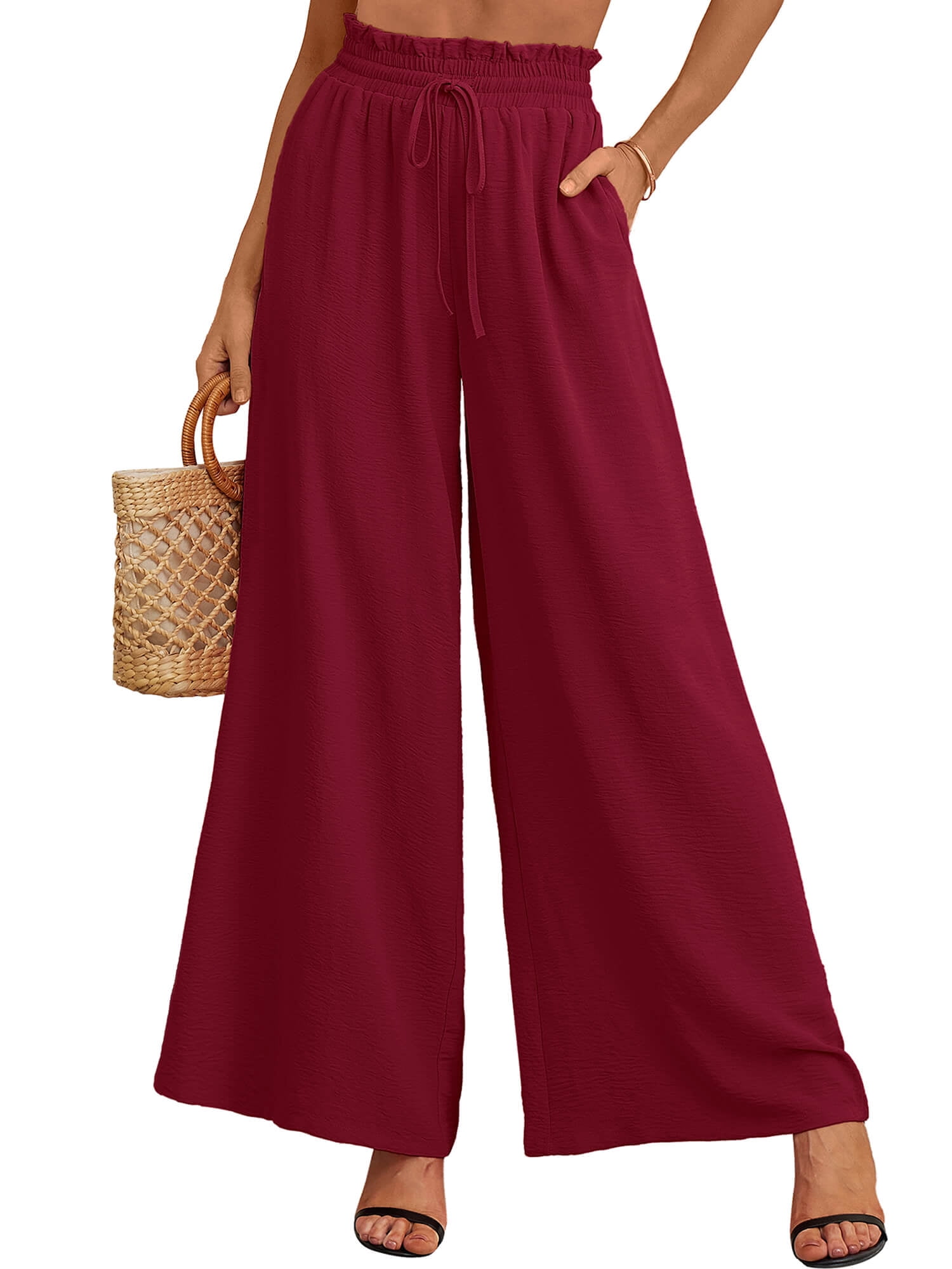 Showmall Women's Wide Leg Palazzo Pants, Drawstring Waist, Pockets, Burgundy, M