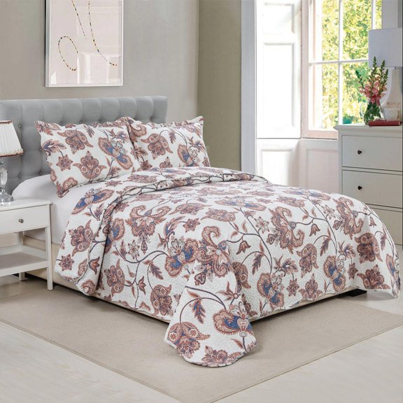 Marina Decoration Rich Printed Embossed Pinsonic Coverlet Bedspread Ultra Soft Bedding Summer Quilt Set with Shams, Taupe Paisley Floral Pattern