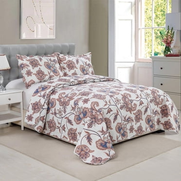 Marina Decoration Rich Printed Embossed Pinsonic Coverlet Bedspread Ultra Soft Bedding Summer Quilt Set with Shams, Taupe Paisley Floral Pattern