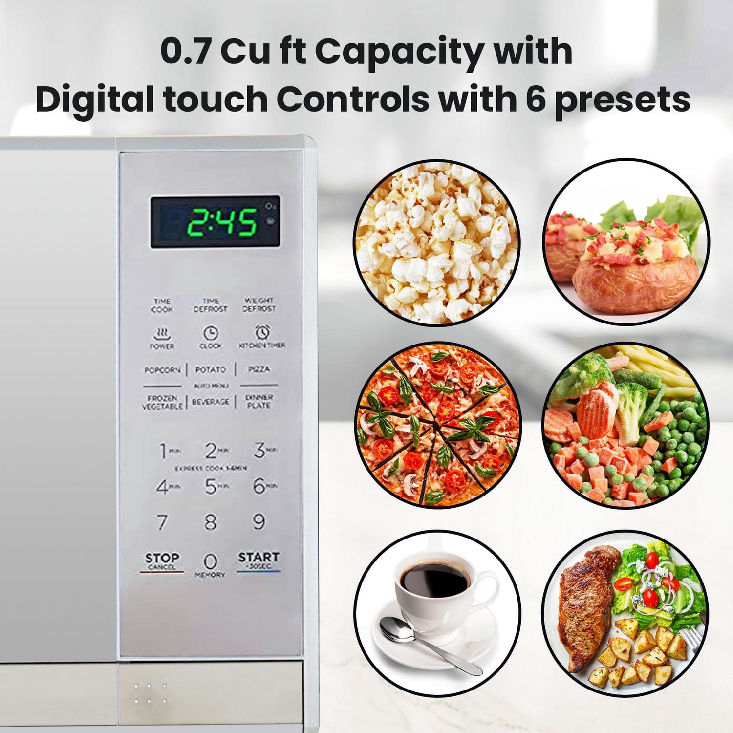 Micro-ondes de comptoir Total Chef en acier inoxydable, 0,7 pi³ (environ 20 L), avec affichage numérique à DEL, 700 watts