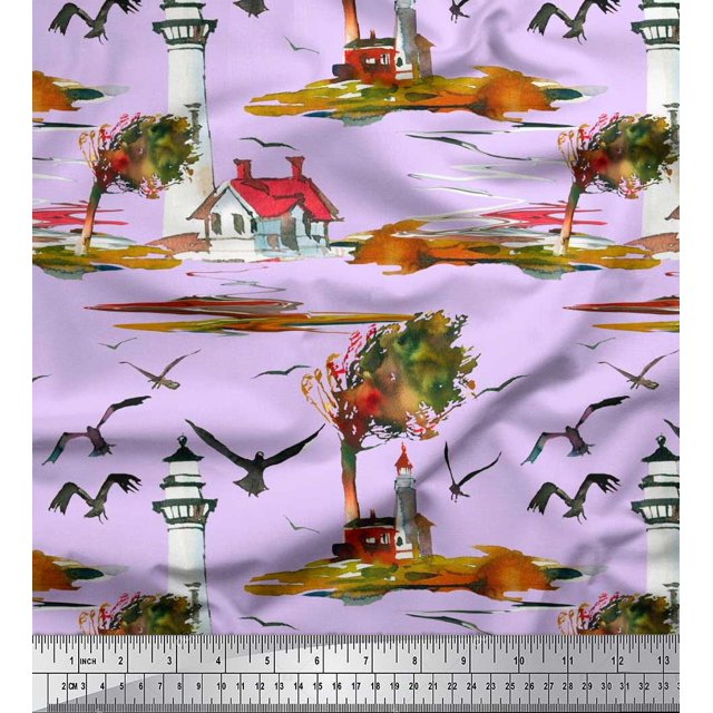 Soimoi Poly Georgette Fabric Lighthouse,Bird & Tree Nature Decor Fabric Printed Yard 52 Inch Wide