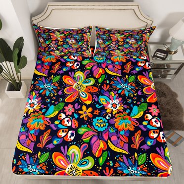 Erosebridal Abstract Groovy Blossoms Fitted Sheet Queen, Rainbow Floral Flower Bedding Set Queen Size 3 Pieces (No Top Sheet)