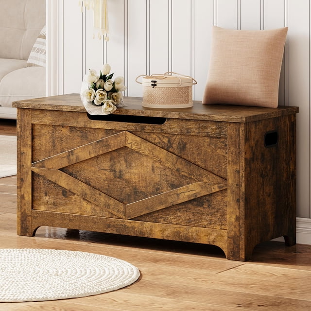 EDTara Coffre de Rangement, Banc de Rangement pour Jouets en Bois, Coffre à Jouets Moderne à Dessus Relevable avec Charnière de Sécurité pour Entrée, Chambre, Salon, Supporte 300 Lb et Assemblage Facile