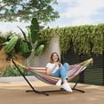 thumbnail image 1 of Hamac avec Support – Acier Réglable Robuste pour 2 Personnes – Capacité de 500 lb – Polyester Coton Portable – Sac de Transport Imperméable – Patio, Jardin, Camping et Balcon – Rayures Arc-en-Ciel Jaunes, 1 of 5
