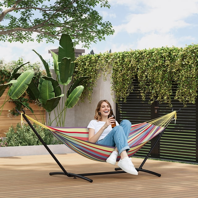 Hamac avec Support – Acier Réglable Robuste pour 2 Personnes – Capacité de 500 lb – Polyester Coton Portable – Sac de Transport Imperméable – Patio, Jardin, Camping et Balcon – Rayures Arc-en-Ciel Jaunes