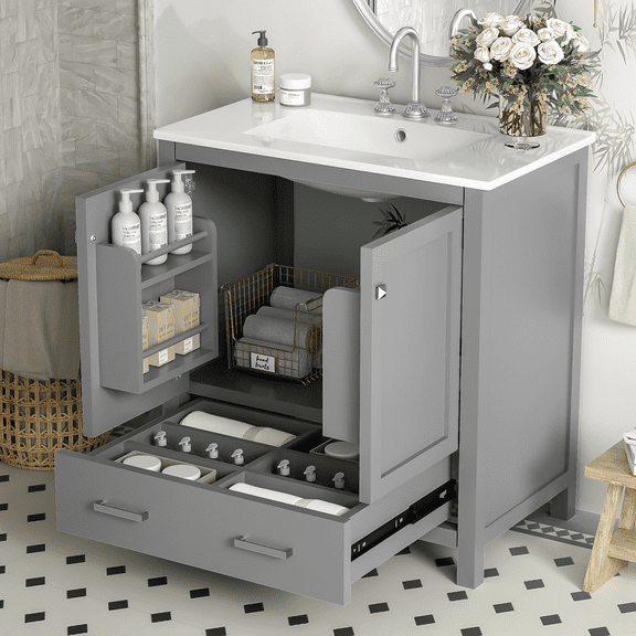 Noble House 30" Grey Bathroom Vanity with Single Sink, Solid Wood Frame, 2 Doors & Drawer, Soft Close