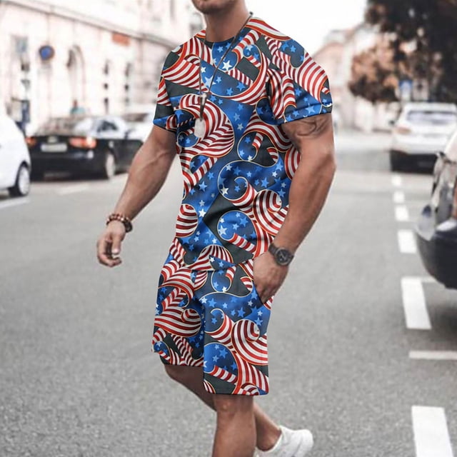 cllios Mens Independence Day Short Sets 4th of July Short Sleeve Tshirts and Drawstring Short Matching Suits Stars and Stripes Graphic Muscle Tracksuits Sets with Pockets