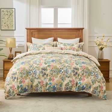 Kingrest Luxury Queen Duvet Cover Set Floral Printed, Soft & Breathable 100% Organic Cotton 3 Pieces Queen Bedding Sets, Pattern Queen Comfy Duvet Cover Set with Zipper Closure