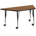 thumbnail image 1 of Mobile 29.5''W x 57.25''L Trapezoid Oak Thermal Laminate Activity Table - Height Adjustable Short Legs, 1 of 5