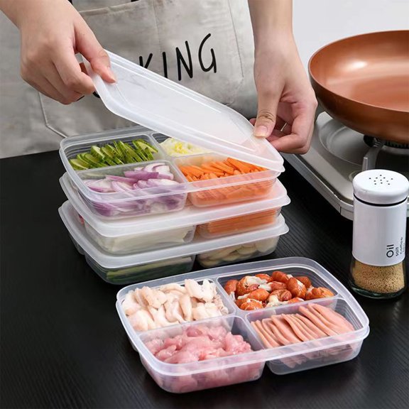 Boîte de Rangement pour Réfrigérateur à 4 Compartiments / Contenant Scellé de Qualité Alimentaire pour Viande, Gingembre, Ail, Légumes Préparés / Empilable, Vert, 3.8x18.5x13.5 cm, Ensemble de 2