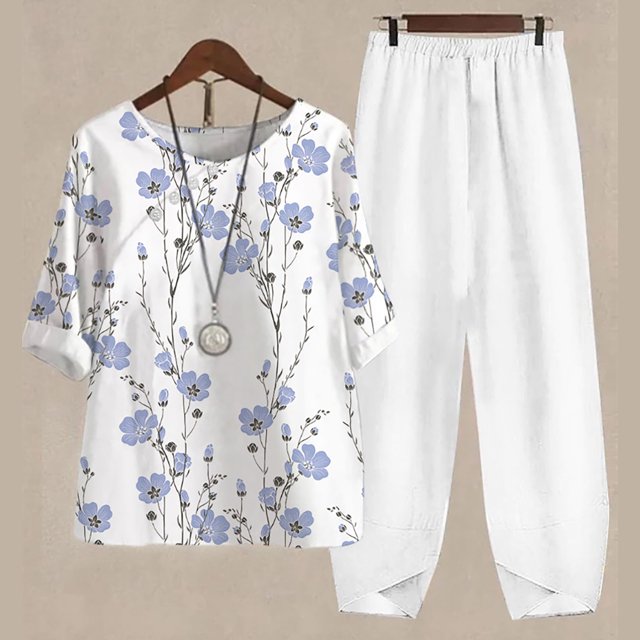 Ensembles 2 Pcs pour Femmes Été Ensemble Décontracté pour Femmes Col Rond Manches 5/4 Haut et Pantalon Impression Numérique Ensemble Deux Pièces Ensembles Grande Taille en Liquidation