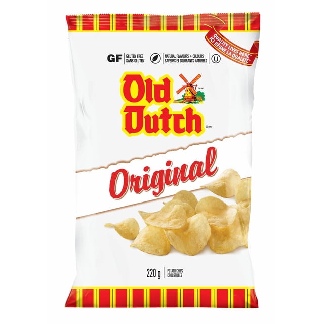 Old Dutch Original Potato Chips bag with red and yellow striped edges, featuring the Old Dutch logo with a windmill and gluten-free label, displaying light golden crispy potato chips on a white background, 220 g, suitable for everyday snacking and often used as a crunchy salad topping.